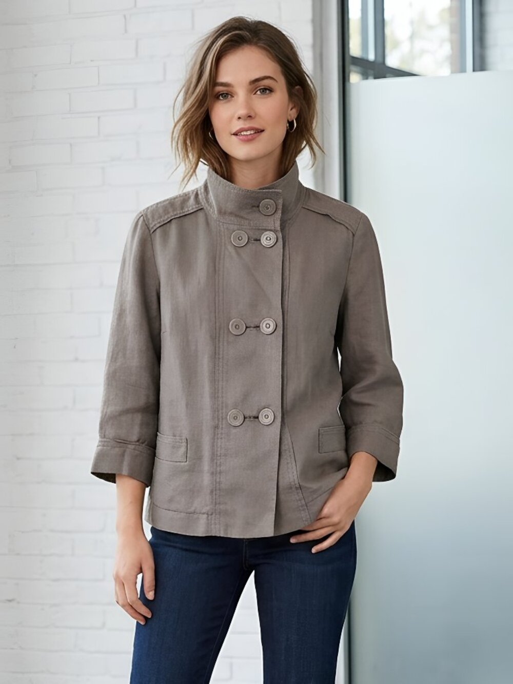 Coldwater Creek Jacket Womens XS Beige Linen Button Front Swing Double Breasted